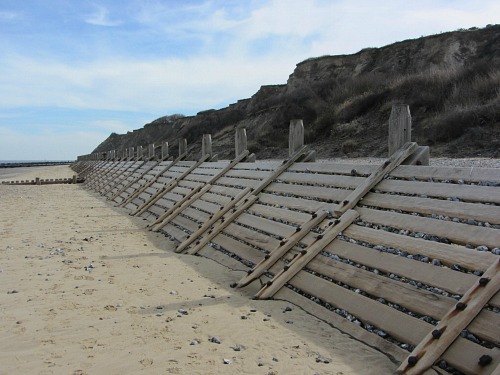 The sea defences approaching Overstrand beach