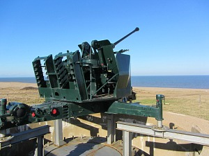 Guns from the Muckleburgh collection overlooking the beach