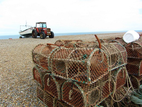 A tractor on Cley beach waiting to launch a fishing boat A tractor on Cley beach waiting to launch a fishing boat