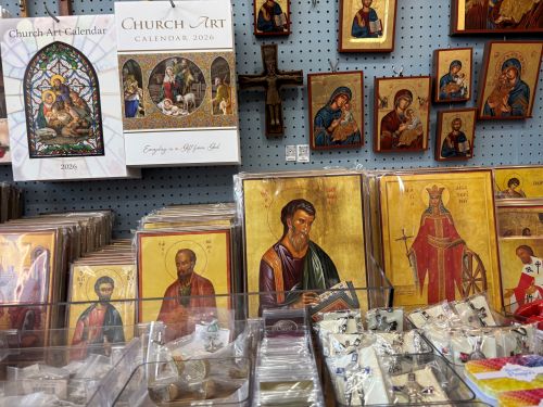 Religious artefacts in shrine shops in Walsingham Religious artefacts in shrine shops in Walsingham