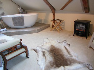 The free standing bath and electric log burner in the bedroom The free standing bath and electric log burner in the bedroom